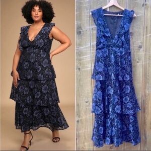 Lulu's Navy Molinetto Blue Floral Lace Maxi Dress